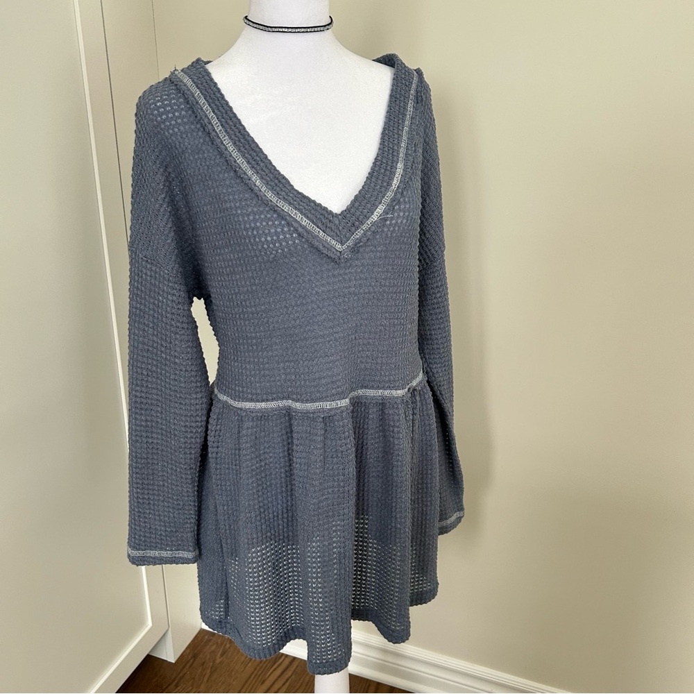 Vintage Peplum Waffle Knit Top Blue Womens Large